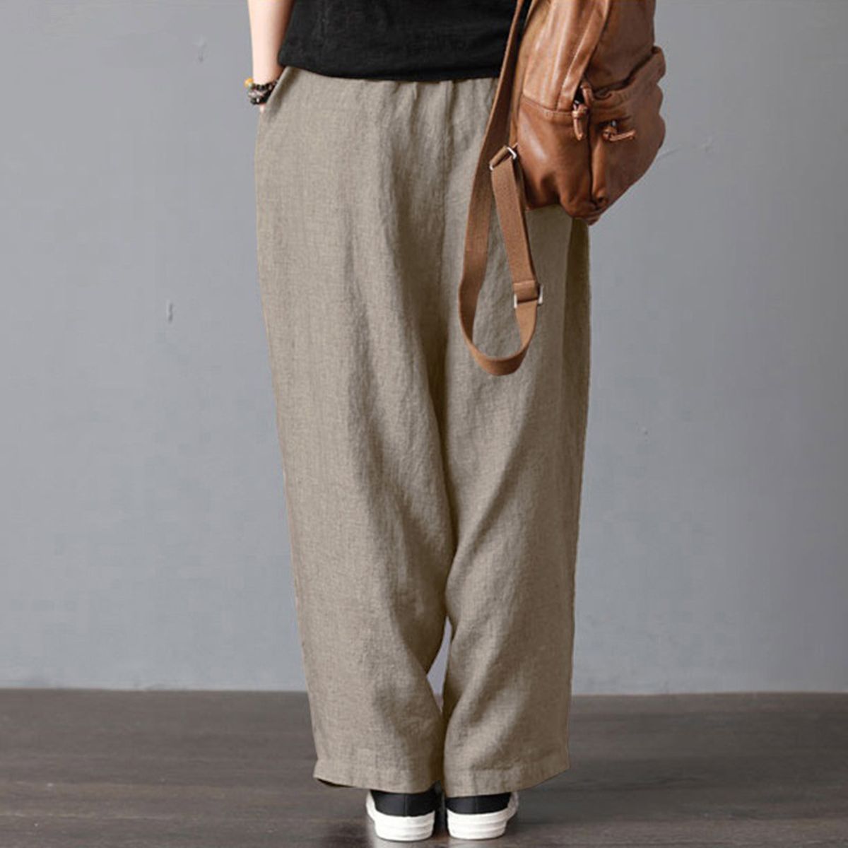 Women Cotton Linen Wide Leg Pants Elastic Waist Pockets Comfy Solid Loose Casual Trousers-khaki
