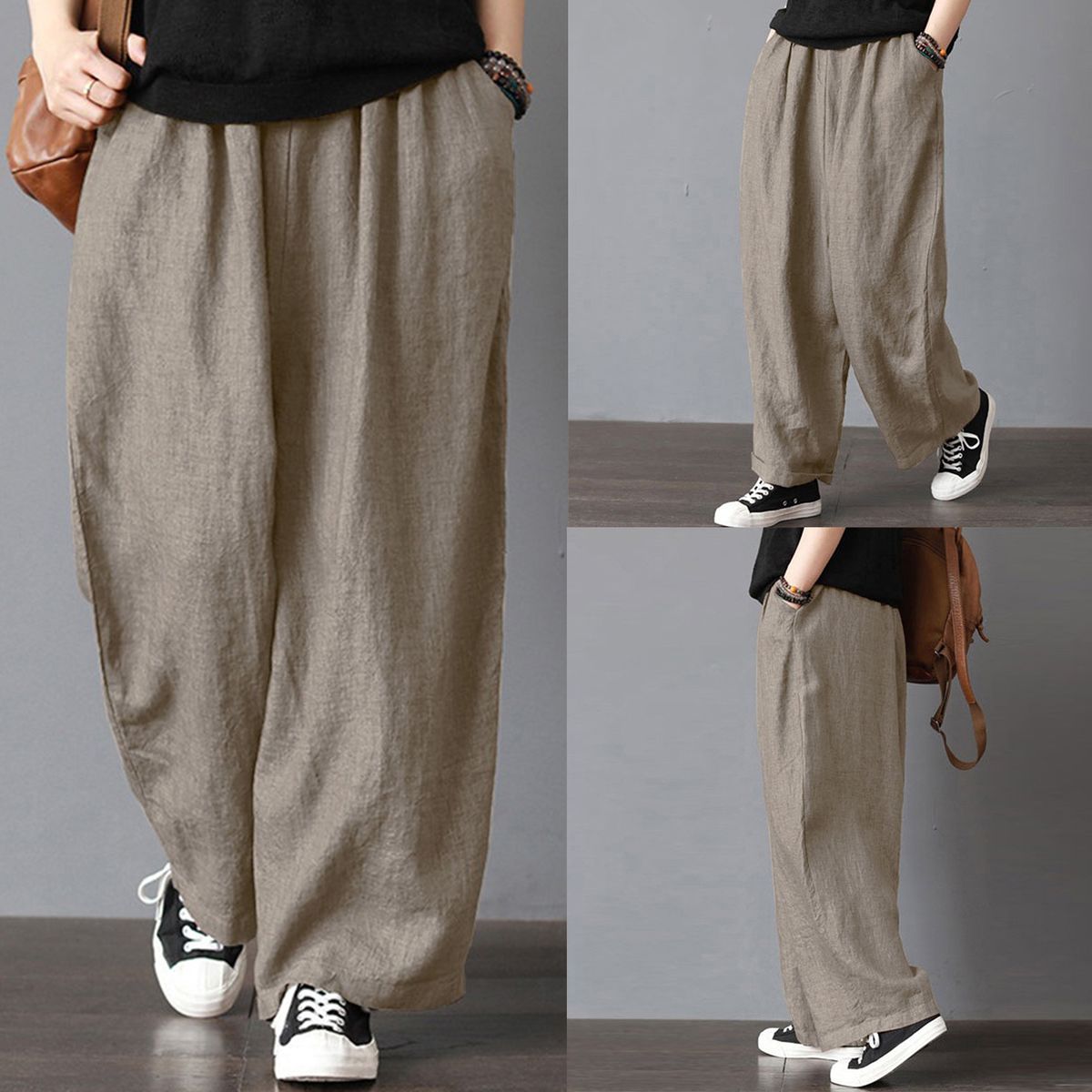 Women Cotton Linen Wide Leg Pants Elastic Waist Pockets Comfy Solid Loose Casual Trousers-khaki