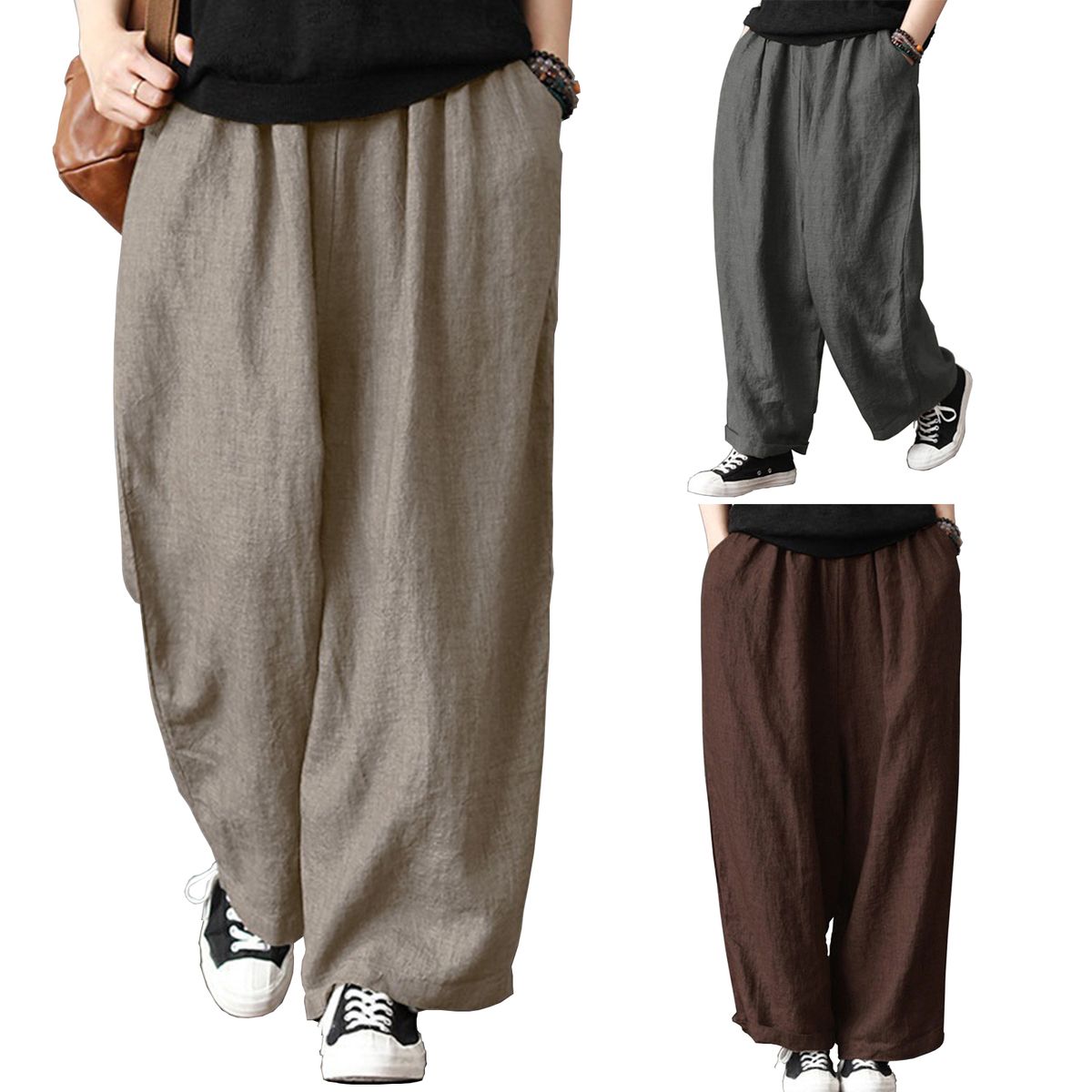 Women Cotton Linen Wide Leg Pants Elastic Waist Pockets Comfy Solid Loose Casual Trousers-khaki