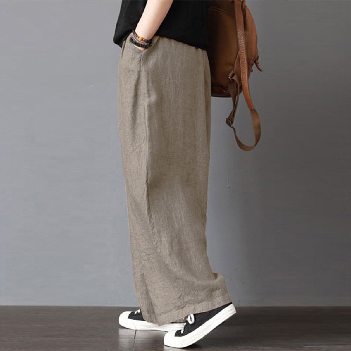 Women Cotton Linen Wide Leg Pants Elastic Waist Pockets Comfy Solid Loose Casual Trousers-khaki