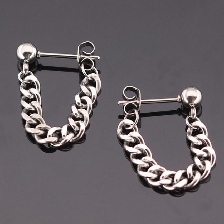 Unisex Stainless Steel Tassel Chain Barbell Helix Stud Earrings