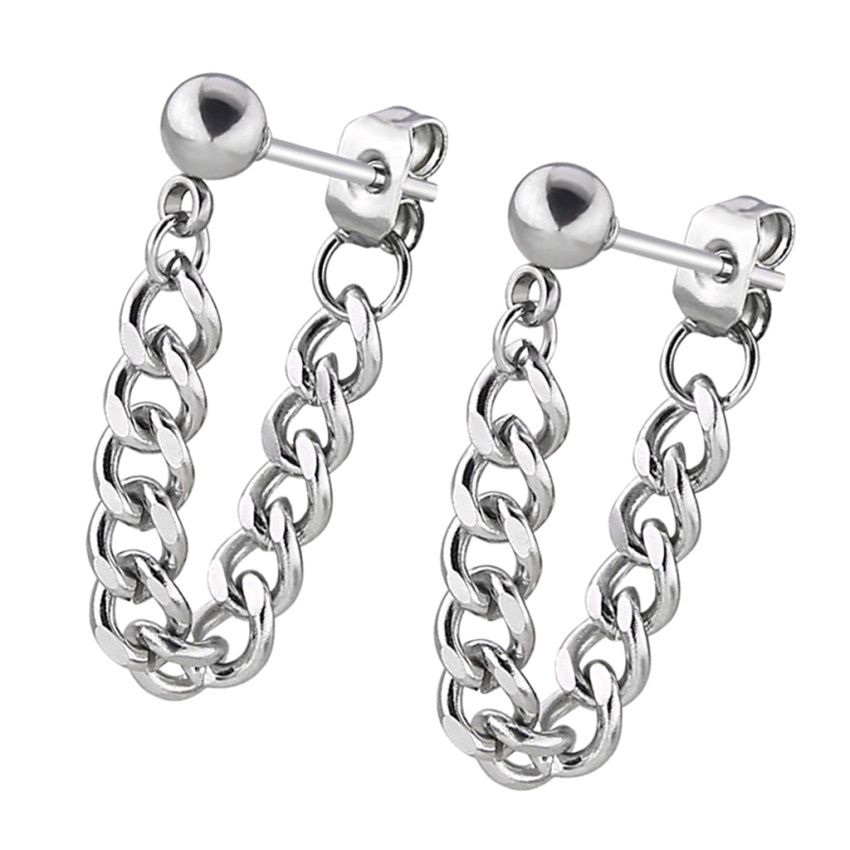 Unisex Stainless Steel Tassel Chain Barbell Helix Stud Earrings