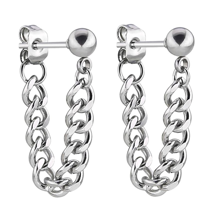 Unisex Stainless Steel Tassel Chain Barbell Helix Stud Earrings