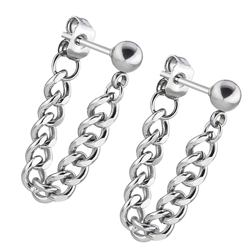 Unisex Stainless Steel Tassel Chain Barbell Helix Stud Earrings