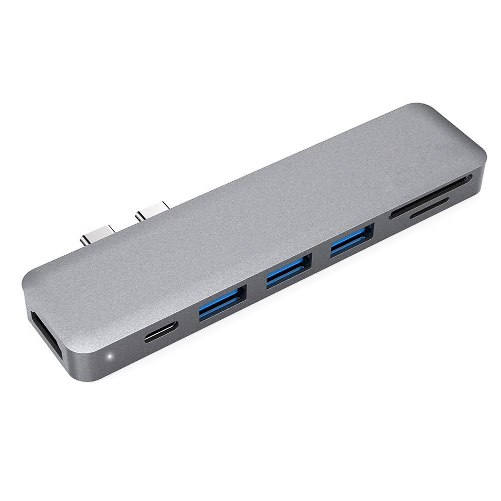 dodocool Aluminum Alloy 7-in-1 Multiport Hub with Dual USB-C Connectors 4K Video HD Output Port SD/TF Card Reader USB 3.1 Type-C Port and 3 SuperSpeed USB 3.0 Ports for MacBook Pro 2016 / 2017 / 2018 Gray