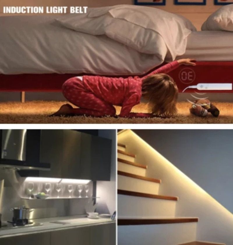 LED Under Cabinet Light LED Strip Led Lamp With Wireless PIR Motion Sensor USB Port Light Kitchen Stairs Wardrobe Bed Side Light-Warm White-white-1m-