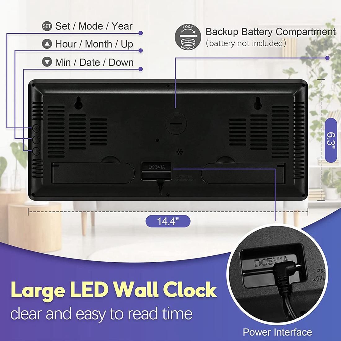 14.3 Inch Large Digital Wall Clock,with Temperature, Date