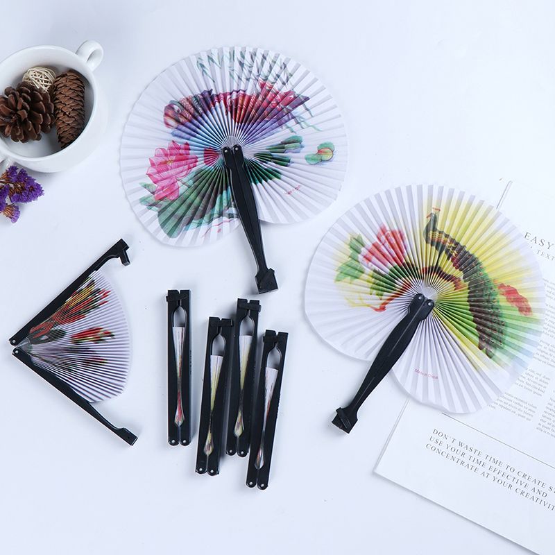 Gift Hand Fan Female Decorative Folding Party Decor Pocket Paper Fan Handheld Round Chinese Fan Chic Printed Circle
