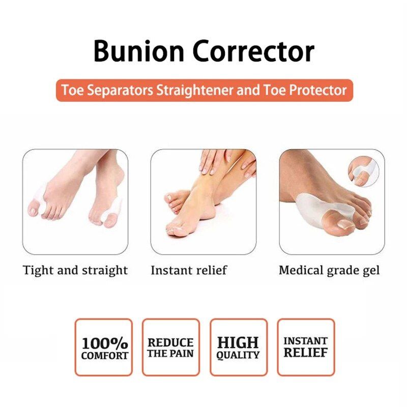 2PCS Silicone Thumb Corrector Bunion Little Toe Protector Separator Hallux Valgus Finger Straightener Foot Care Relief Pads-White-S