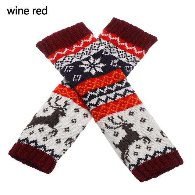 Women Girls Xmas Deer Knitted Fingerless Long Gloves Thick