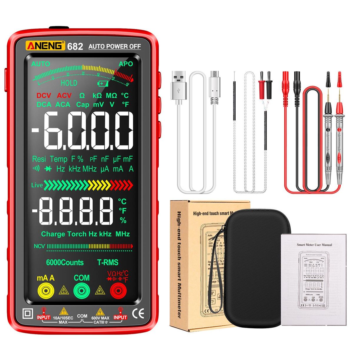 ANENG 682 6000 Counts Large LCD Digital Multimeter Smart Anti-burn Rechargeable Universal Meter VA Reverse Screen NCV Tester with Flashlight for Voltage Current Resistance Capacitance Temperature Frequency On/Off Diode Measur