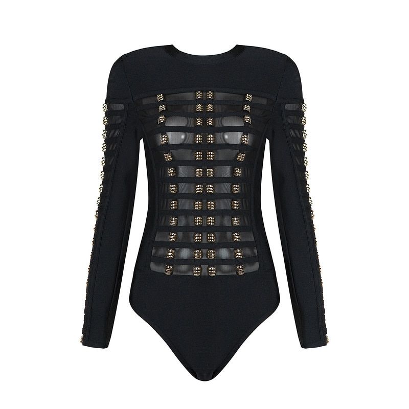 Black White Sexy Long Sleeve Hollowout Sheath Rayon Bandage Bodysuit Bodycon Bodysuit(#Black)