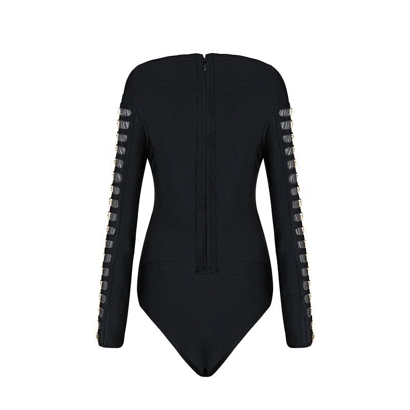 Black White Sexy Long Sleeve Hollowout Sheath Rayon Bandage Bodysuit Bodycon Bodysuit(#Black)