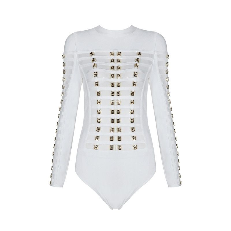 Black White Sexy Long Sleeve Hollowout Sheath Rayon Bandage Bodysuit Bodycon Bodysuit(#Black)