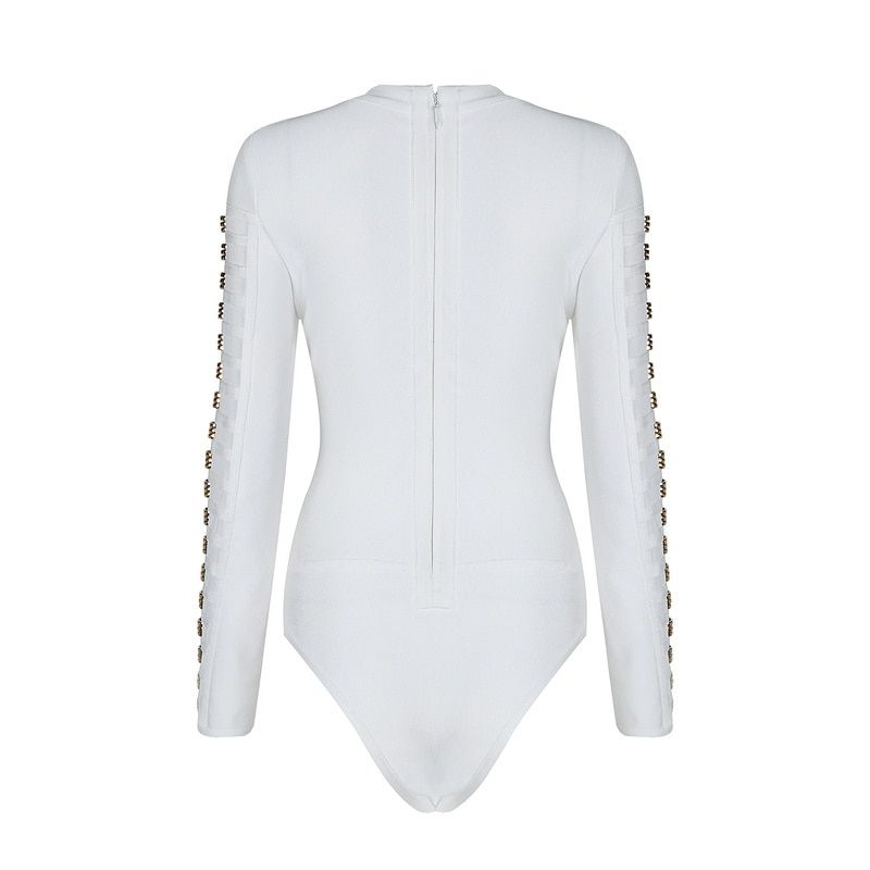 Black White Sexy Long Sleeve Hollowout Sheath Rayon Bandage Bodysuit Bodycon Bodysuit(#Black)