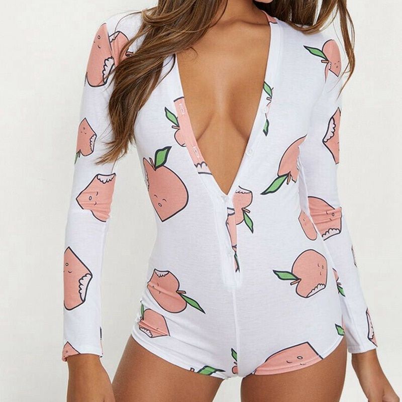 Womens V Neck Bodysuit Bodycon Sexy Sleepwear Ladies Long Sleeves Shorts Romper Bodysuit Leotard Tretchy Minimalist Bodysuits(#White Spicy)