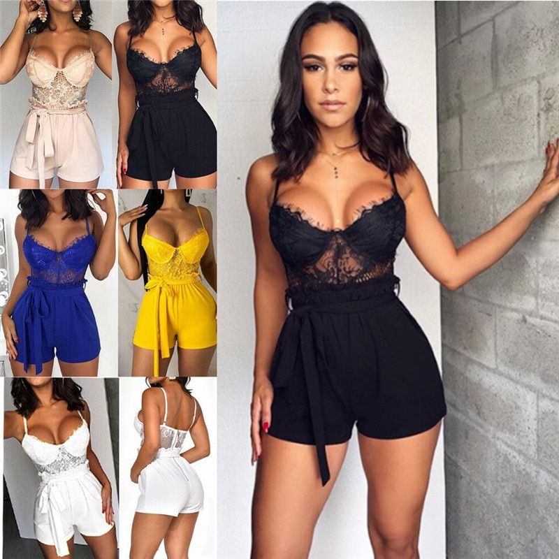 Women Summer Lace Camisole V Neck Sleeveless Playsuit Holiday Strap Mini Playsuit Sexy Shorts Jumpsuit Club Clothes(#White)