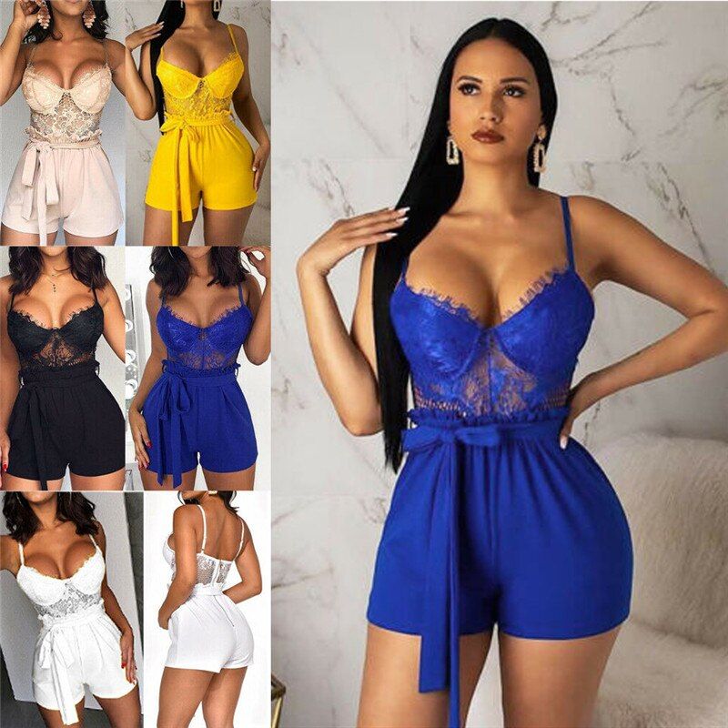 Women Summer Lace Camisole V Neck Sleeveless Playsuit Holiday Strap Mini Playsuit Sexy Shorts Jumpsuit Club Clothes(#White)
