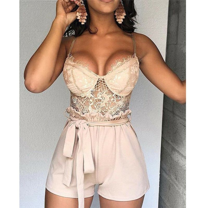 Women Summer Lace Camisole V Neck Sleeveless Playsuit Holiday Strap Mini Playsuit Sexy Shorts Jumpsuit Club Clothes(#White)