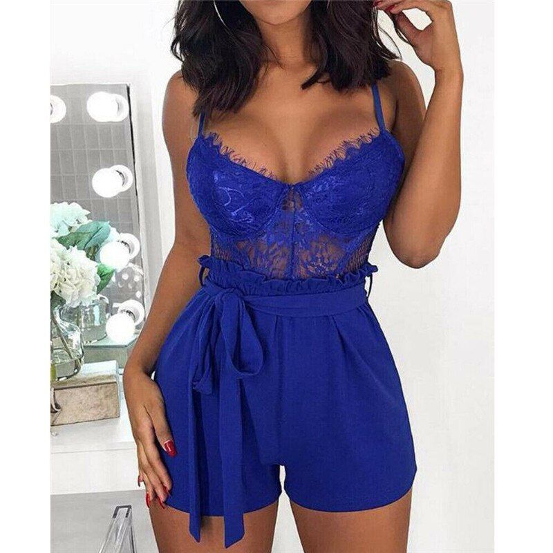 Women Summer Lace Camisole V Neck Sleeveless Playsuit Holiday Strap Mini Playsuit Sexy Shorts Jumpsuit Club Clothes(#White)