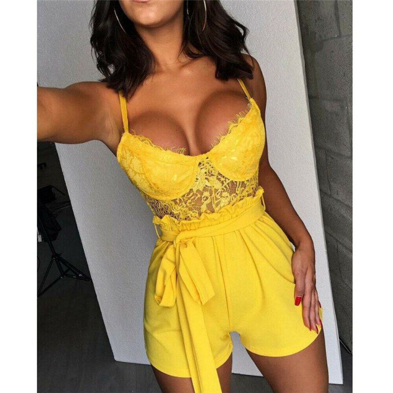 Women Summer Lace Camisole V Neck Sleeveless Playsuit Holiday Strap Mini Playsuit Sexy Shorts Jumpsuit Club Clothes(#White)