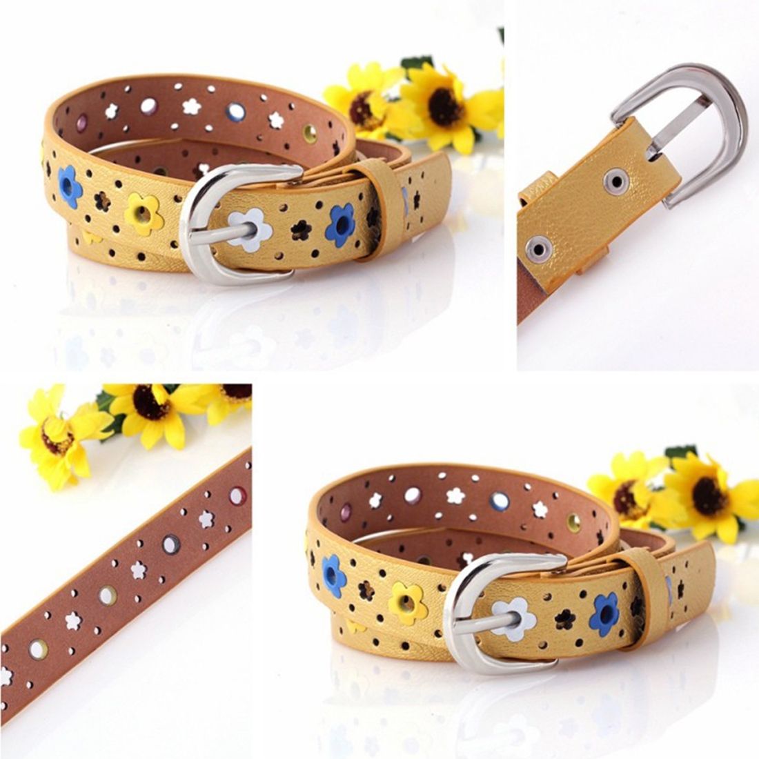 Flowers Pattern Hollow PU Leather Belt For Children(Pink)