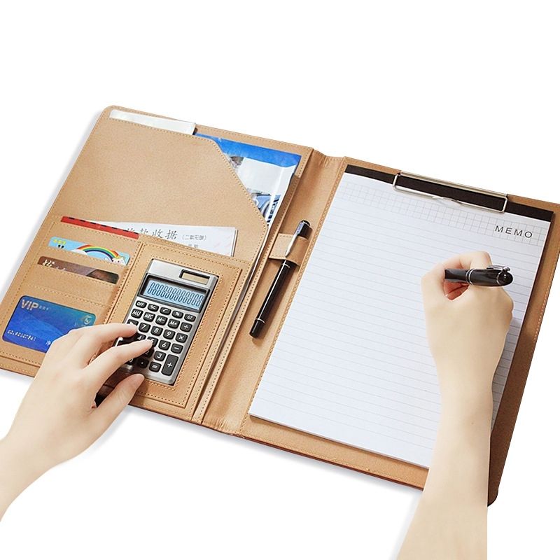 Office Supplies Business Style Leather Document Folder With 30-pages A4 Note Pad And Calculator(Brown)