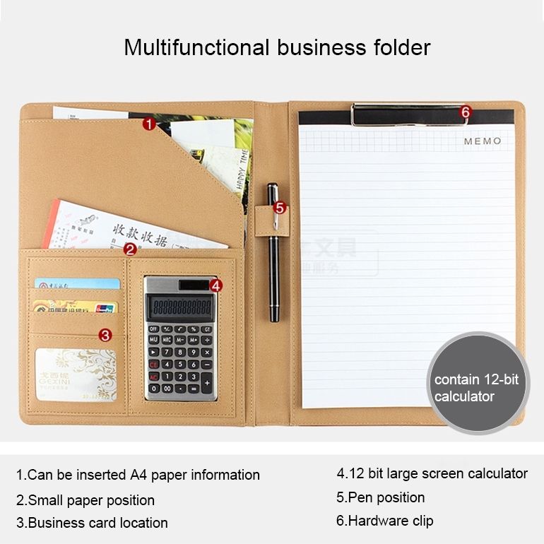 Office Supplies Business Style Leather Document Folder With 30-pages A4 Note Pad And Calculator(Brown)