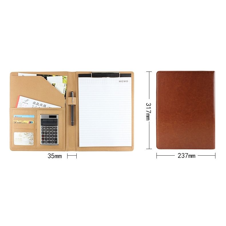 Office Supplies Business Style Leather Document Folder With 30-pages A4 Note Pad And Calculator(Brown)