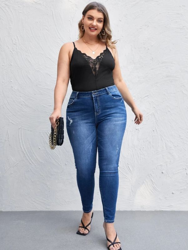 Ladies Plus Size Spaghetti Strap Contrast Lace Camisole Top