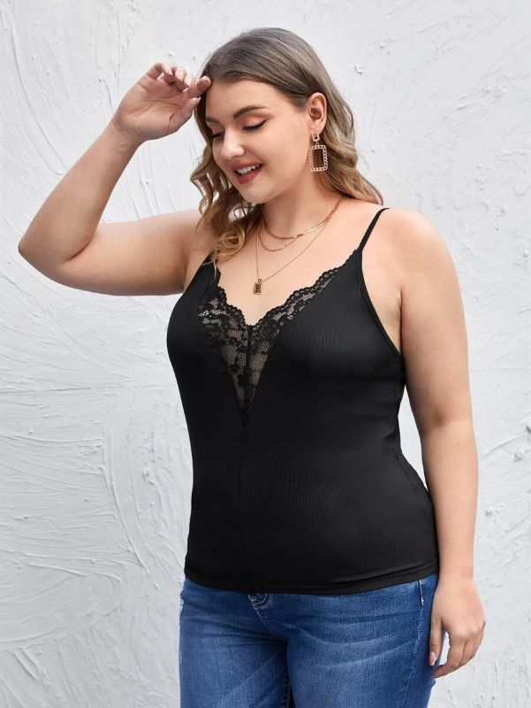 Ladies Plus Size Spaghetti Strap Contrast Lace Camisole Top