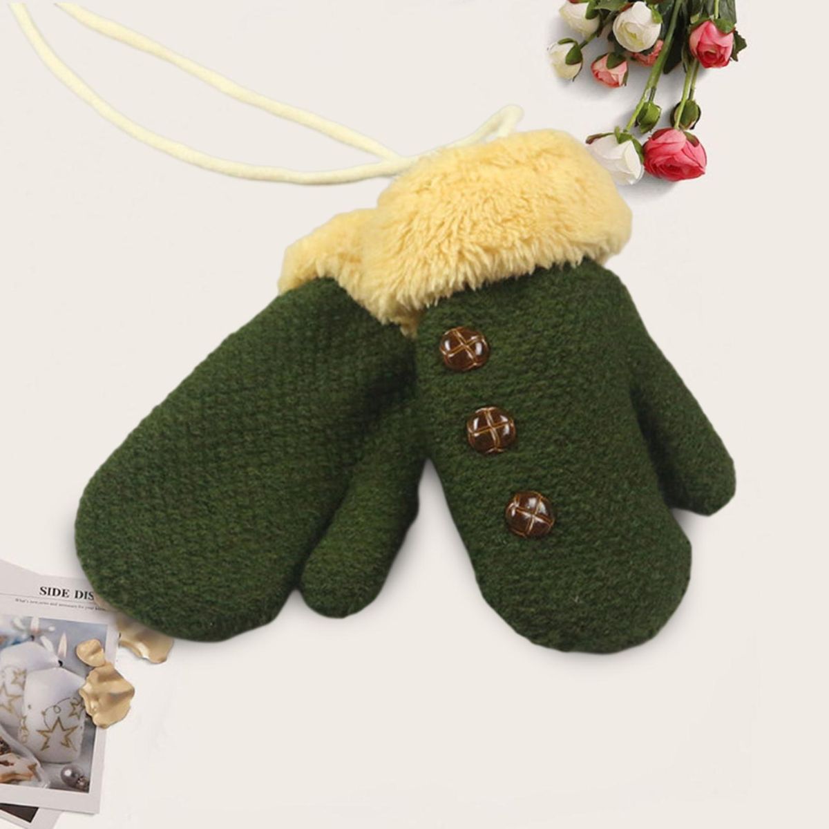 1 Pair Winter Children Toddler Pure Color Knitted Mittens Green