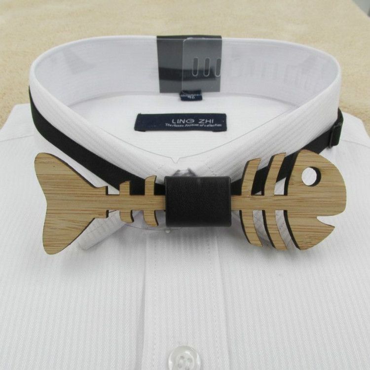 Hollow Fish Bone Shape Bamboo Wooden Bow Tie For Men Wood Color OPP Bag Package