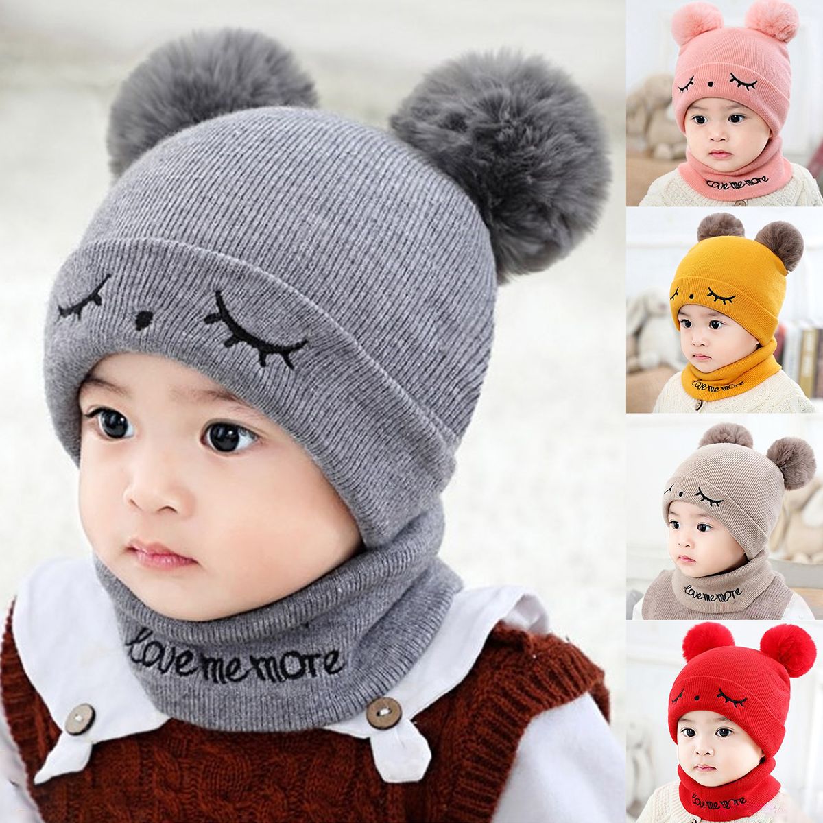 1 Set Baby Beanie Hat Scarf Solid Color Knitted Boys-Grey