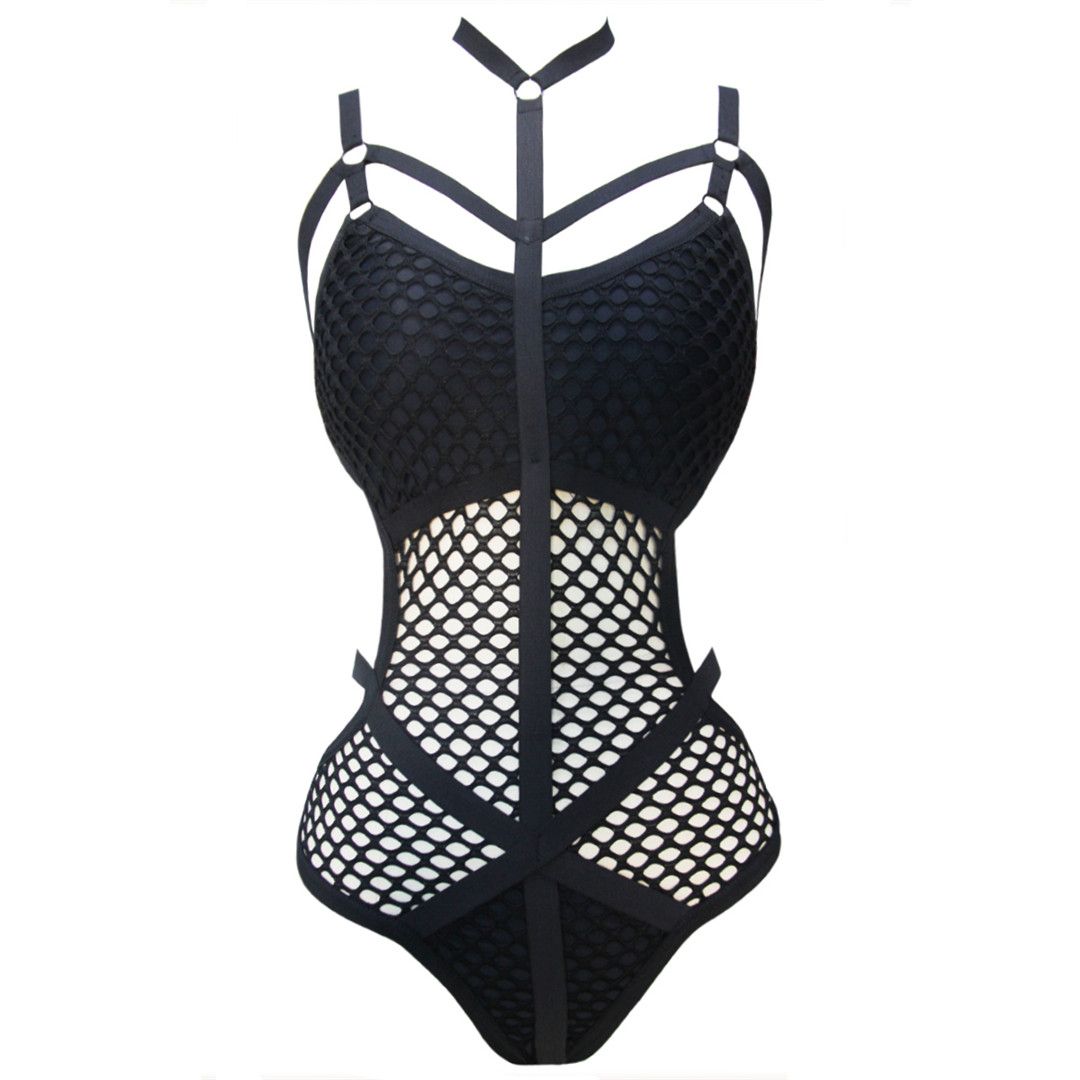 (black)L - 5XL Sheer Knit Fish Net Mesh Plus Size Bodysuit Women  Goth Lingerie Overalls Hollow Out Large Size Body Lace Top L536 SAB