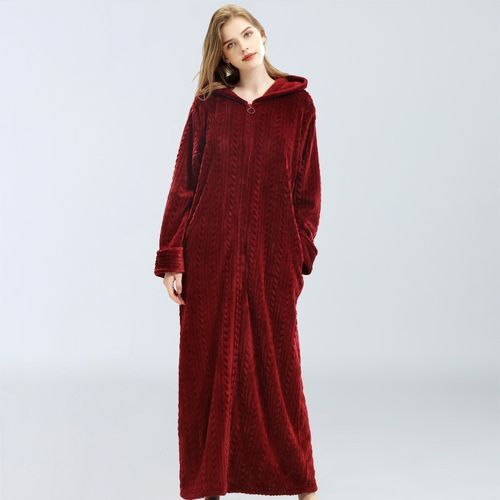 Flannel Zipper X-Long Bathrobe Women Spring Couple's Home Clothes 2020 Solid Long Sleeve Coral Velvet Hooded Robe For Ladies（#Pink）