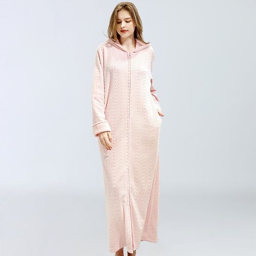 Flannel Zipper X-Long Bathrobe Women Spring Couple's Home Clothes 2020 Solid Long Sleeve Coral Velvet Hooded Robe For Ladies（#Pink）