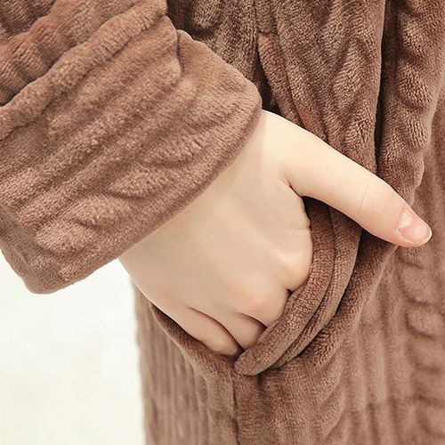 Flannel Zipper X-Long Bathrobe Women Spring Couple's Home Clothes 2020 Solid Long Sleeve Coral Velvet Hooded Robe For Ladies（#Pink）