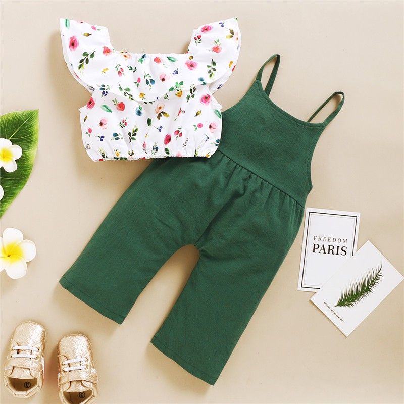 Kids Girls Outfit Set INS Fashion Floral Tank Tops + Bib Pants -Green