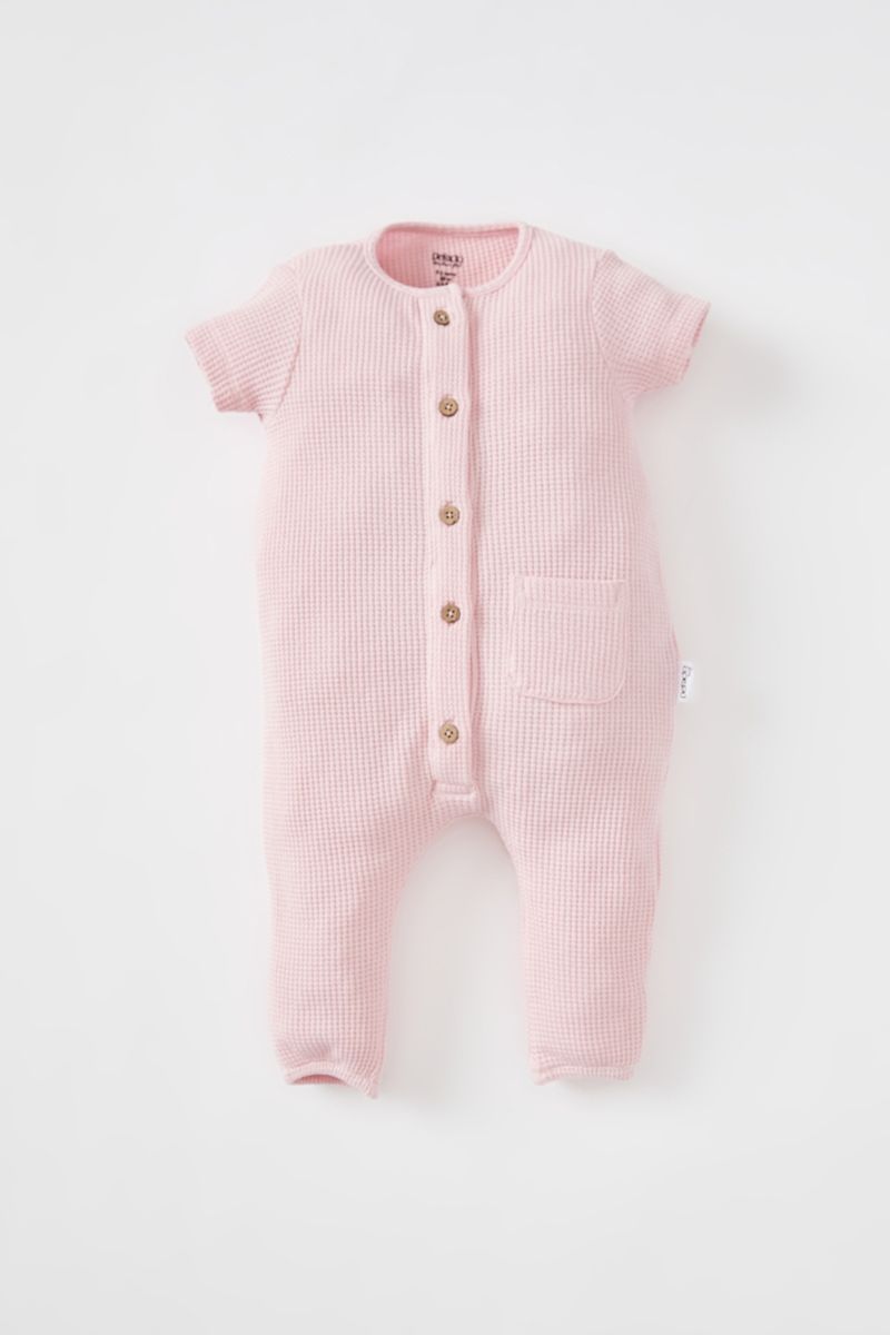 BabyGirl - Regular Fit Button Neck Short Sleeve Knitted Overall - Pink