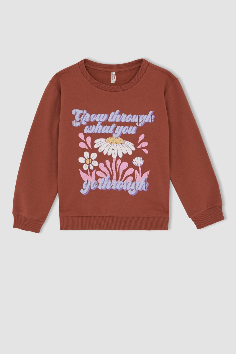 Girl Knitted Regular Fit Crew Neck Sweat Shirt - Brown