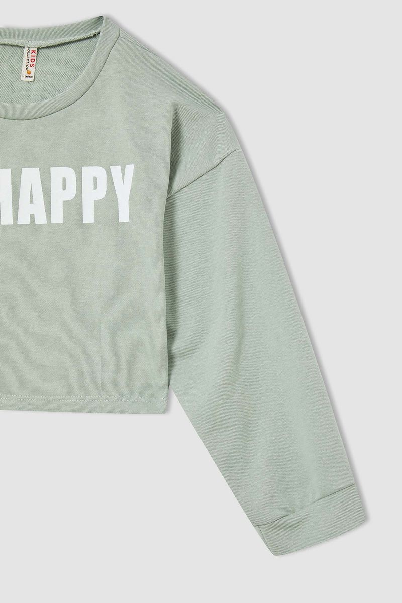 Girl Regular Fit Crew Neck Knitted Sweat Shirt - Turquoise