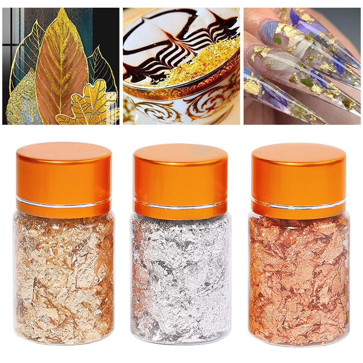 3 Bottles Golden Foil Flakes Gilding Flakes Made of Tinfoil for Metallic Foil Flakes for Nails DIY Painting Crafts Slime and Resin Jewelry Making Gold Silver Copper Colors XB01