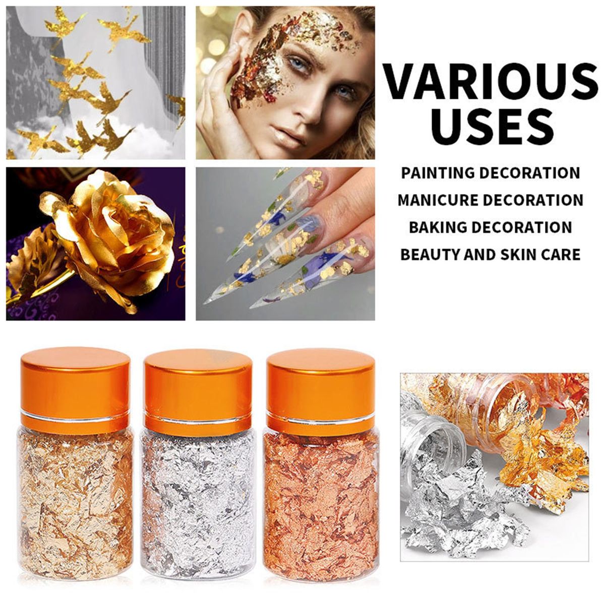 3 Bottles Golden Foil Flakes Gilding Flakes Made of Tinfoil for Metallic Foil Flakes for Nails DIY Painting Crafts Slime and Resin Jewelry Making Gold Silver Copper Colors XB01