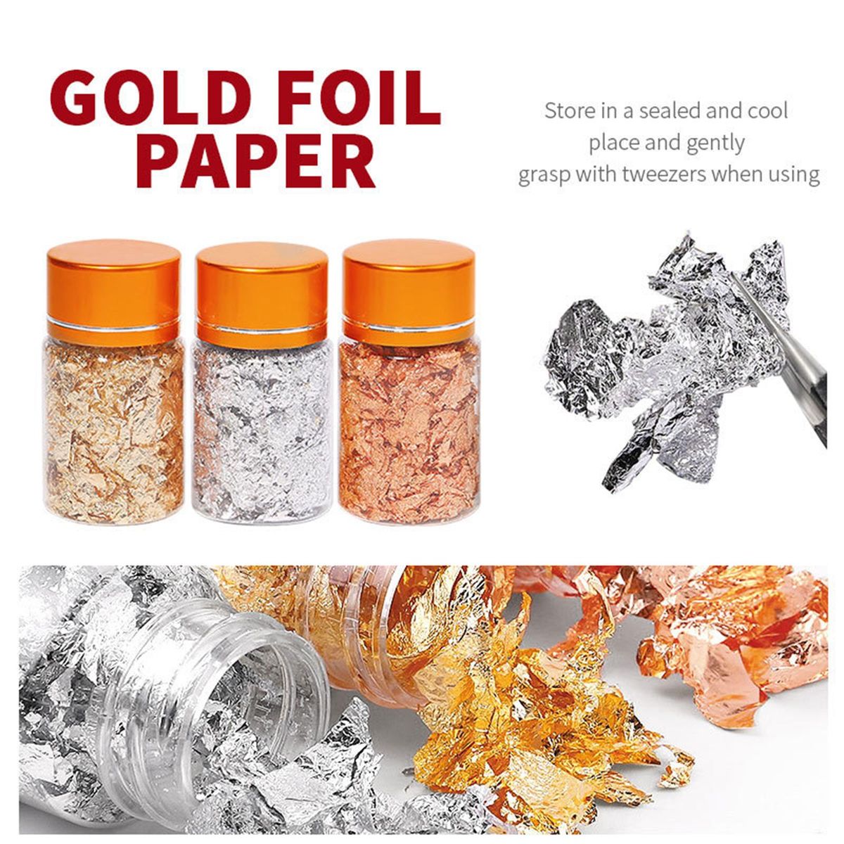 3 Bottles Golden Foil Flakes Gilding Flakes Made of Tinfoil for Metallic Foil Flakes for Nails DIY Painting Crafts Slime and Resin Jewelry Making Gold Silver Copper Colors XB01