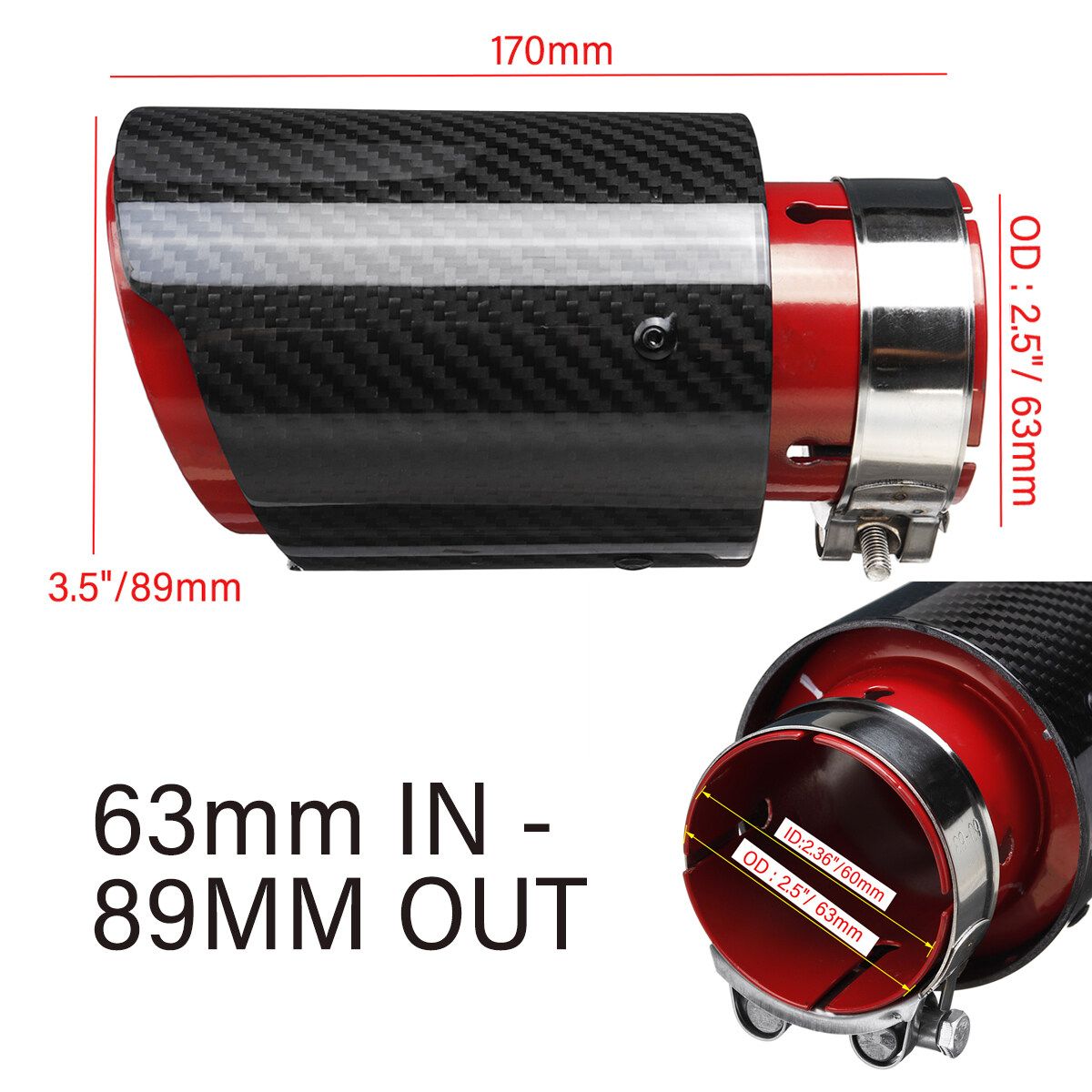 Car Exhaust Tip Muffler Pipe Red Steel Black Carbon Fiber 2.5" Inlet Universal [Black, Red]