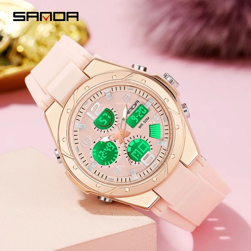 Fashion Ladies Digital Watch LED Light Dual Time