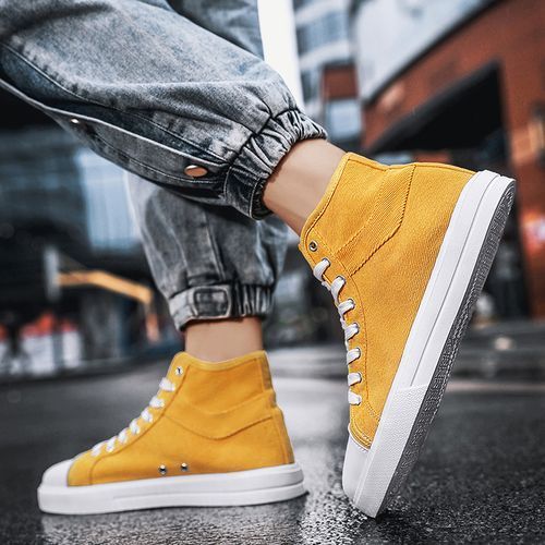 New Trendy Canvas Sneakers Men High-top Shoes EUR Size 36-46 Unisex Fashion Sneakers Comfort Outdoor Casual Skateboard Sports Shoes Students Classic All-match Breathable Canvas Walking Shoes Yellow
