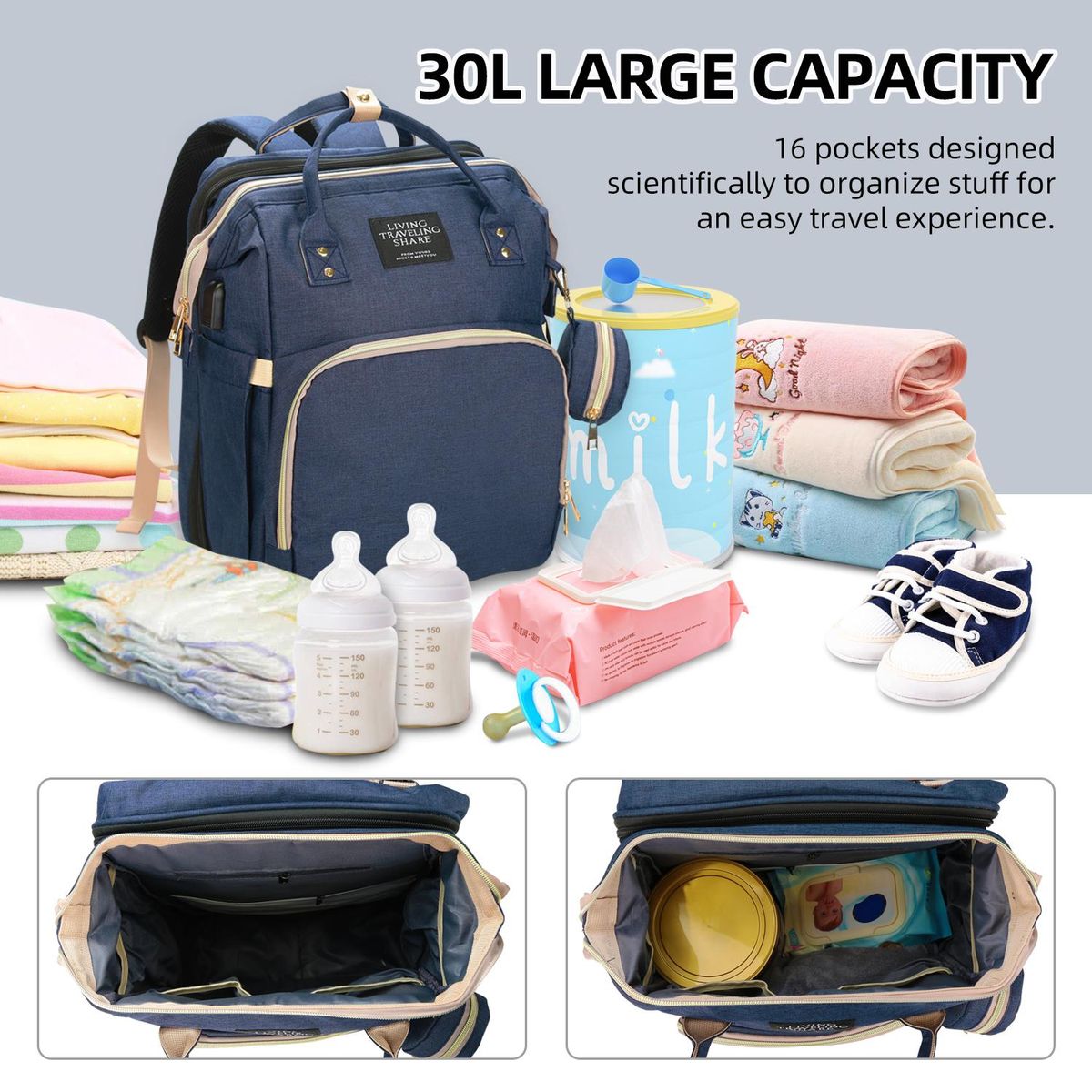 New Mummy Bag Multifunctional Large Capacity Folding Crib Mummy Bag Bed Fashion Mom Mother and Baby Bag Factory Upgrade Dark Blue -