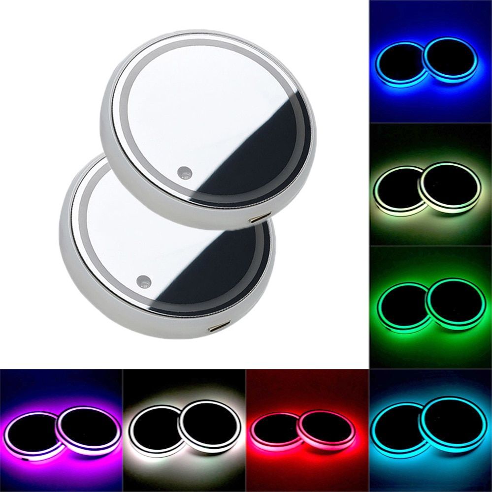 2Pc Universal New Led Car Cup Holder Bottom Pad LED Light Cover Trim Atmosphere Lamp Lights Anti-slip Mat Colorful Light Coaster Color